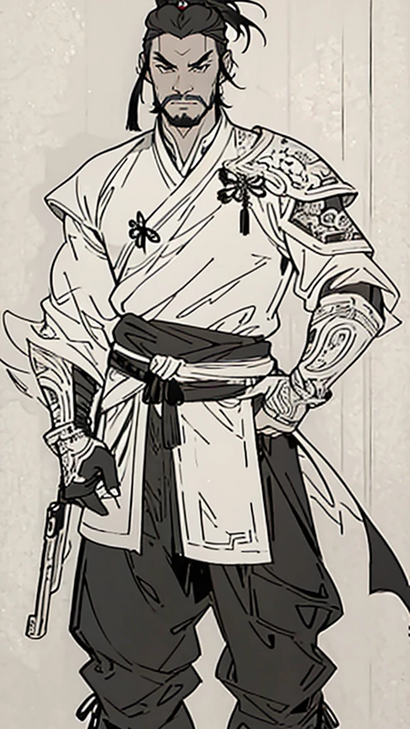 (((Monochrome)))、(((Ink Painting)))、((A handsome man with an ancient Chinese hairstyle wearing a white swimming cap))、(((He held the gun in his left hand)))、Line art、Oriental、Ultra-high resolution、Game Poster、Crisp and beautiful image quality、whole body ,(Ancient Chinese armor, Dragon head on shoulder, (Ancient Chinese armor with intricate pattern:1.2), gloves, Long trousers, (Very detailed, bloom:1.5), (Highest quality, Concept Art, 4K), (analog:1.2), (high sharpness), (Detailed pupil:1.1), Detailed face and eyes, masterpiece, Highest quality,8k, (Black Hair, Dynamic Short Hair), (PurerosFace_v1:0.2), [:(Detailed face:1.2):0.2], sharp, Realistic Shadows, With a gun in his hand、