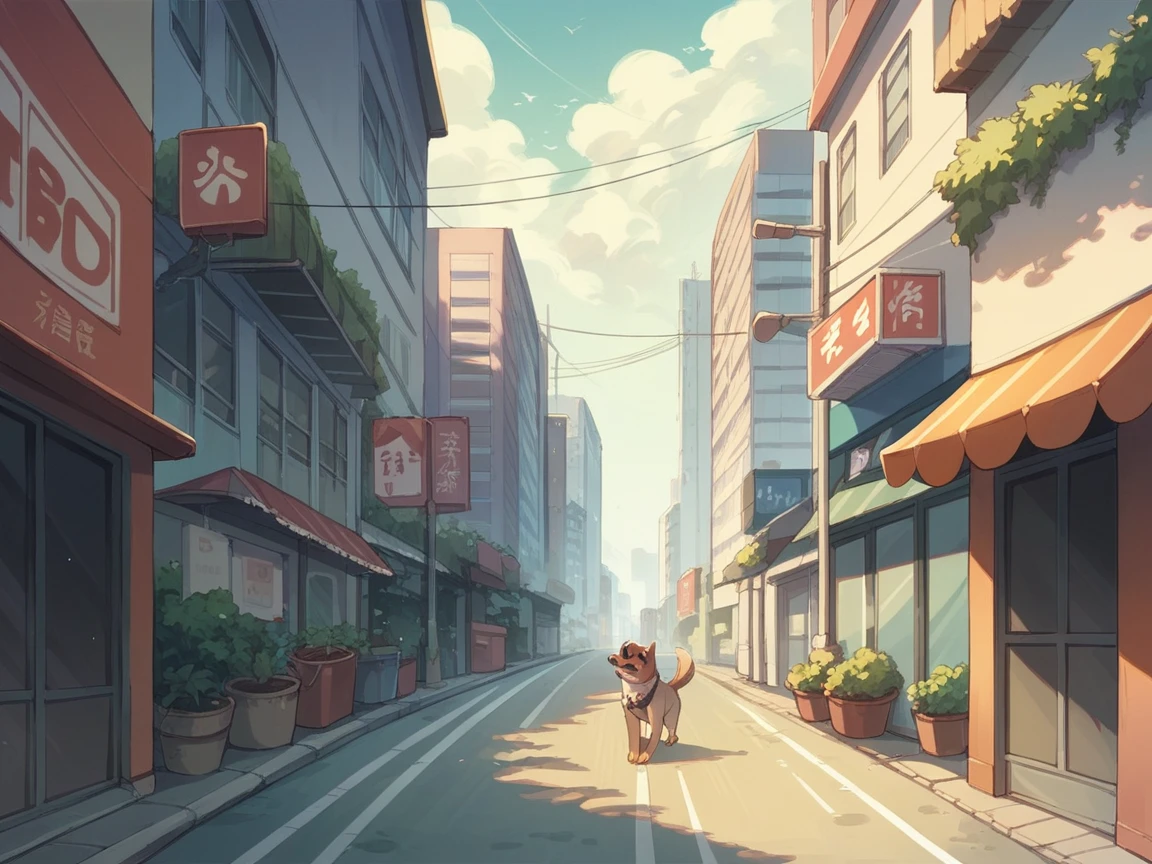tokyo city, downtown, a dog standing in the middle of the rode, looking at viwer
