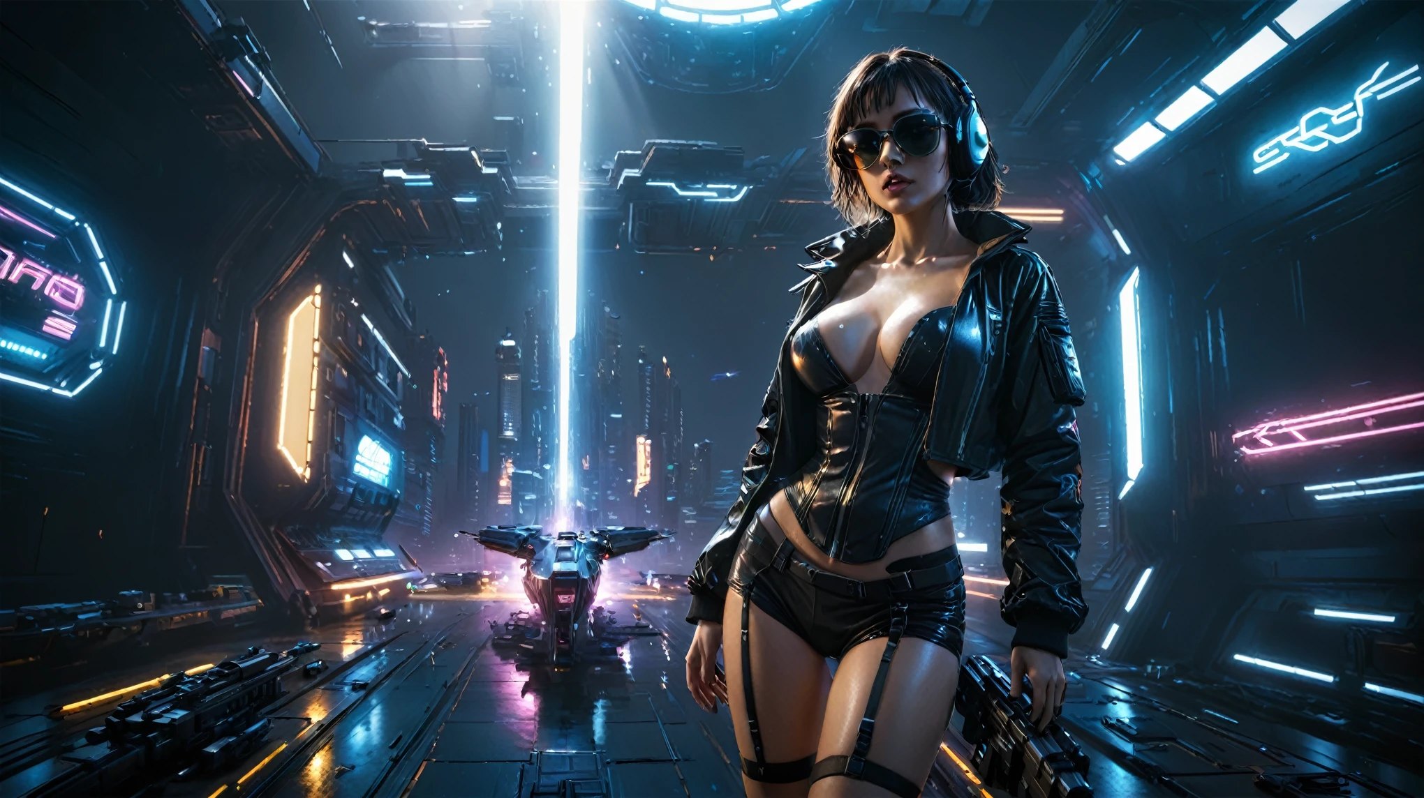 (((aerial view))), Blade Runner style futuristic cyberpunk 2077 flying vehicle docking platform, neon lights, at night. ((1girl, solo, alone)), large-breast:1.2 slim body, cleavage:1.1, sexy lingerie with wet jacket, headphone, (black sunglasses), (((she raised a pistol:1.8 and shot:1.8 the viewer))), dynamic pose, (((half-body thigh level medium shot))), cinematic lighting, lens flare, ray tracing, fisheye lens.