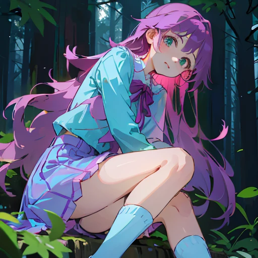 Young girl with long hair, Sky Blue, green eyes, blue blouse with pink and purple sleeves with a denim skirt, with pink and purple socks, In the woods, sitting with sad look