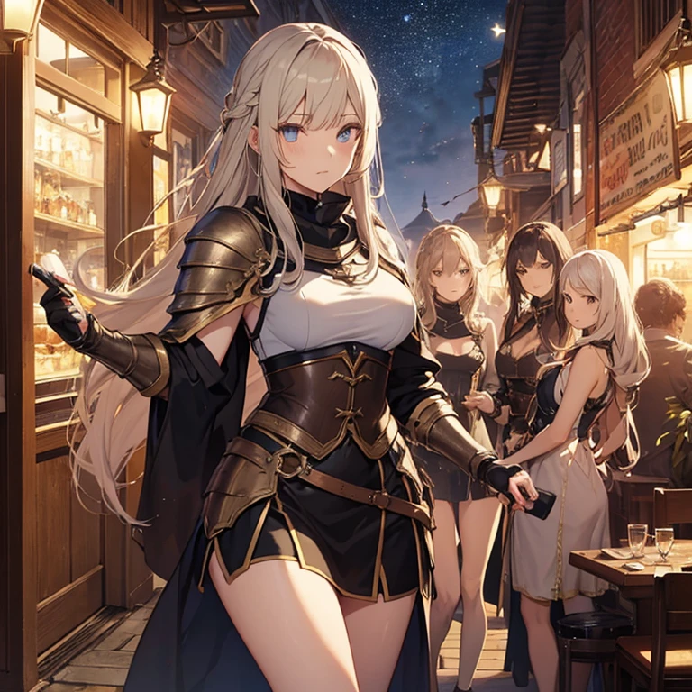 A group of  female medieval fantasy adventurers, (in tavern), various hair styles, harem, night, details face, short skirt, seducing, sleeveless, armor 