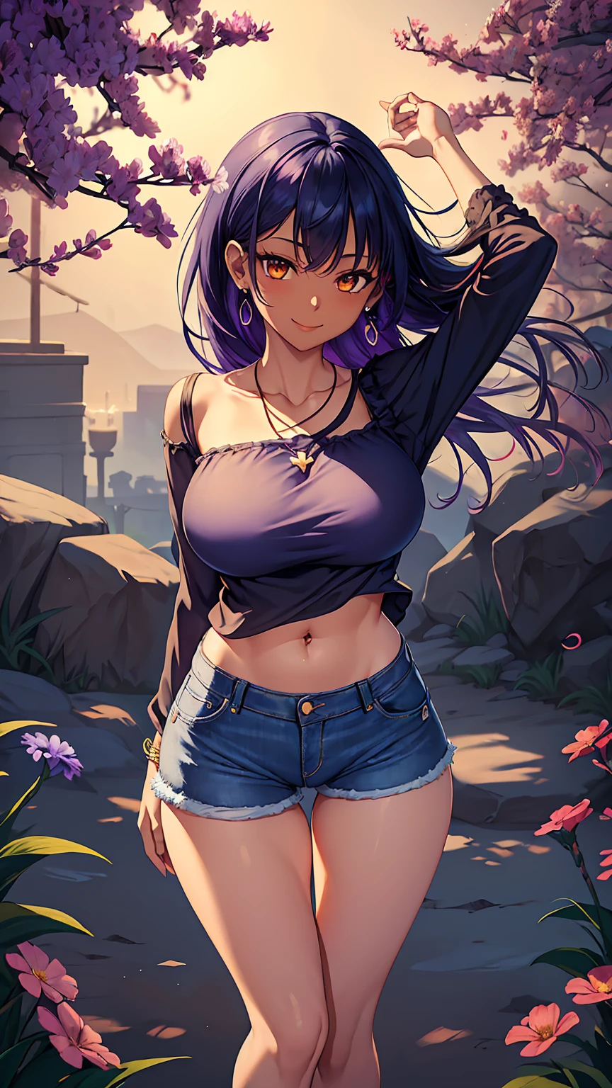 1girl, anime girl, anime, (dark skin), stylish girl, bracelet, necklace, earrings, 2d girl, 18y, (fullbody), standing, anime girl, seductive smile, (purple hair), flowing hair, hair flowing in the wind, ((darkblue blouse)), Solo, Slim, Big Breasts, Tight Shorts, low waist shorts, upshorts, outdoors, night background, flowers, looking at viewer, darker shadows, (((Wedgie))), (((explicit))), (((denim shorts))), (((absurdres))), (((thigh gap))), (((cameltoe))), (((cleft of venus))), (((lowleg shorts))),