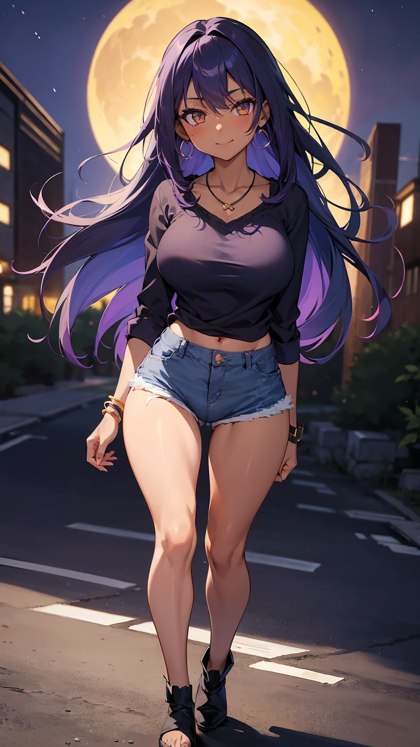 (masterpiece), best quality, beautiful and perfect woman, heart-shaped pupils, beautiful wide thighs, big breasts, wide hips, long legs, short jacket, mini shorts, arm warmers, long legs, glasses, ring on the thigh, thin waist, beautiful night with stars, beautiful beach, platform heels, deep purple hair, short hair with two huge braids, hair with bangs, muscular.