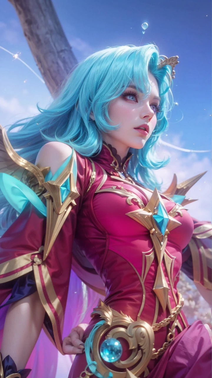 Realistic, High Quality. Blue hair vampire girl, side-swept, shoulder length hair. European girl, a 25 years old girl, sad eyes, almond eyes. Beautiful model, Pale white skin. realistic skin, cleavage, slim body shape, extremely detailed hair, delicate sexy face, gazing away, violet shiny lips. Astral Vibes.