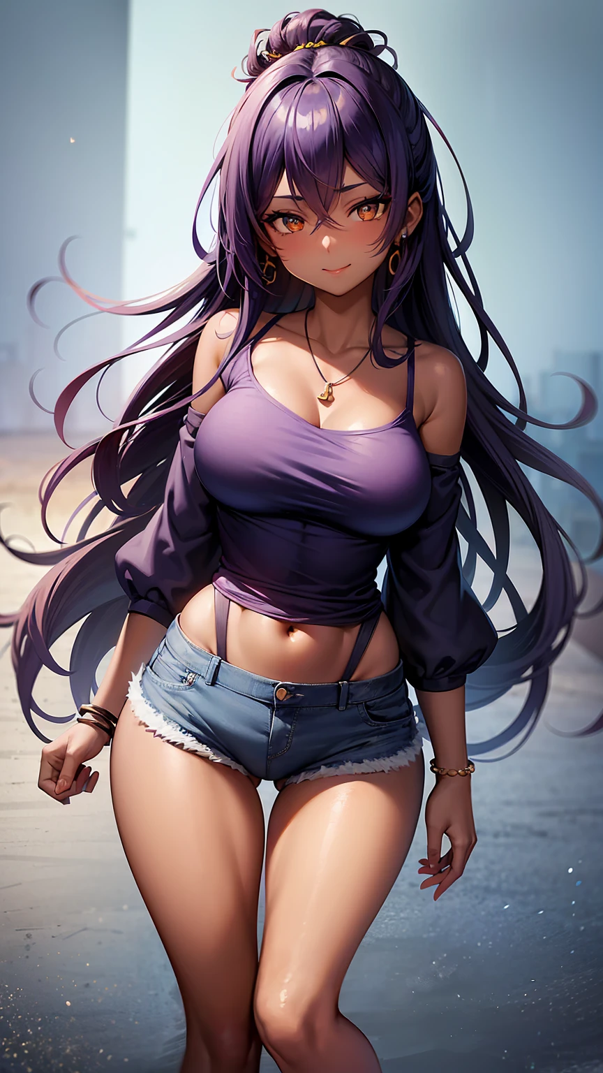 1girl, anime girl, anime, (dark skin), stylish girl, bracelet, necklace, earrings, 2d girl, 18y, (fullbody), standing, anime girl, seductive smile, (purple hair), flowing hair, hair flowing in the wind, ((darkblue blouse)), Solo, Slim, Big Breasts, Tight Shorts, low waist shorts, upshorts, outdoors, night background, flowers, looking at viewer, darker shadows, (((Wedgie))), (((explicit))), (((denim shorts))), (((absurdres))), (((thigh gap))), (((cameltoe))), (((cleft of venus))), (((lowleg shorts))),