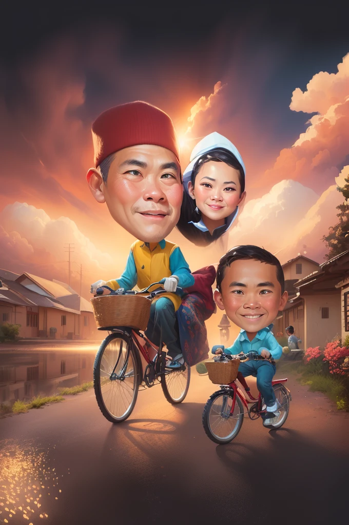 cartoon caricature of a couple riding a bicycle with a , caricature illustration, caricature style, an indonesian family portrait, potrait, caricature, cartoon digital painting, cartoon portrait, by Abidin Dino, cartoon artstyle, cartoon digital art, in cartoon style, digital art cartoon, caricature!!!, cartoon art, realism artstyle, classic portrait, cartoon style illustration