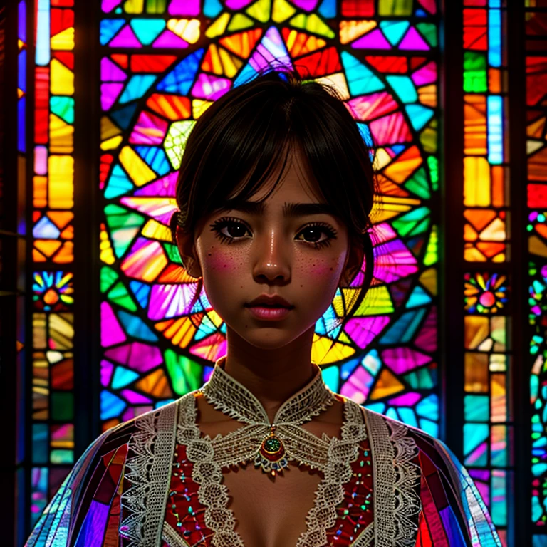 SFW, concept art, (PICHIPICHI KAWAII junior idol), (Detailed Delicate lace knitted white clothes), (nipple:-0.9), face closeup, (Elaborate stained glass Background:1.37), (((Renbutsu Misako), colorful Light shines through delicate stained glass:1.2, vivid red colors, Luminous Particles, light Particles))(Acutance:0.8). (ProfessionalPhoto:1.2),(ultra-detailed:1.37), (Extremely detailed KAWAII face variations, innocent expression variations), rosy cheeks, intricate detailed eyes with sparkling highlights, long eyelashes with volume, subtle blush on the face. Mystic sight, haze, Impeccable Radiant PearlSkin with Transparency, captivating gaze, ((Dynamic-angle)), whole Body proportions and all limbs are anatomically accurate . (Exposed:0.64)