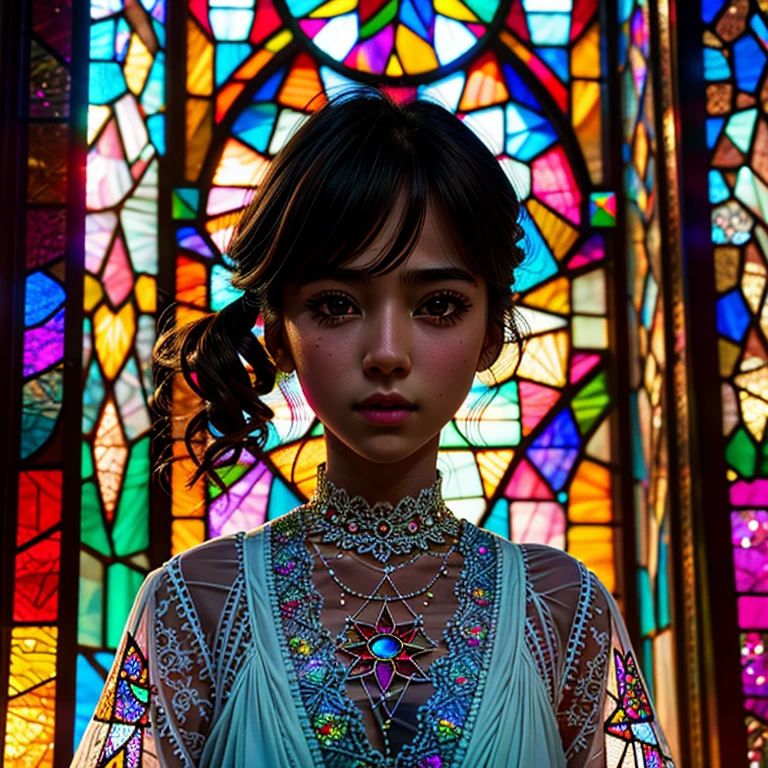 SFW, concept art, (PICHIPICHI KAWAII junior idol), (Detailed Delicate lace knitted white clothes), (nipple:-0.9), face closeup, (Elaborate stained glass Background:1.37), (((Renbutsu Misako), colorful Light shines through delicate stained glass:1.2, vivid red colors, Luminous Particles, light Particles))(Acutance:0.8). (ProfessionalPhoto:1.2),(ultra-detailed:1.37), (Extremely detailed KAWAII face variations, innocent expression variations), rosy cheeks, intricate detailed eyes with sparkling highlights, long eyelashes with volume, subtle blush on the face. Mystic sight, haze, Impeccable Radiant PearlSkin with Transparency, captivating gaze, ((Dynamic-angle)), whole Body proportions and all limbs are anatomically accurate . (Exposed:0.64)