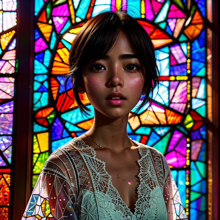 SFW, concept art, (PICHIPICHI KAWAII junior idol), (Detailed Delicate lace knitted white clothes), (nipple:-0.9), face closeup, (Elaborate stained glass Background:1.37), (((Renbutsu Misako), colorful Light shines through delicate stained glass:1.2, vivid red colors, Luminous Particles, light Particles))(Acutance:0.8). (ProfessionalPhoto:1.2),(ultra-detailed:1.37), (Extremely detailed KAWAII face variations, innocent expression variations), rosy cheeks, intricate detailed eyes with sparkling highlights, long eyelashes with volume, subtle blush on the face. Mystic sight, haze, Impeccable Radiant PearlSkin with Transparency, captivating gaze, ((Dynamic-angle)), whole Body proportions and all limbs are anatomically accurate . (Exposed:0.64)