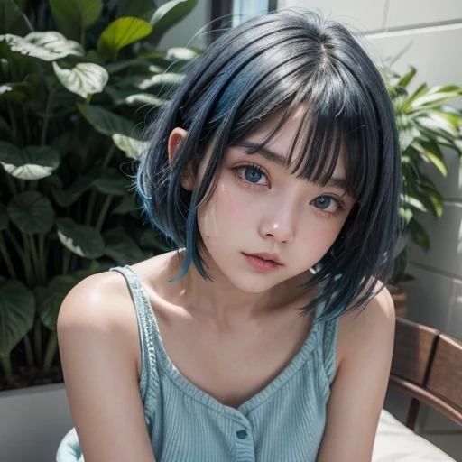 Young girl with short blue hair