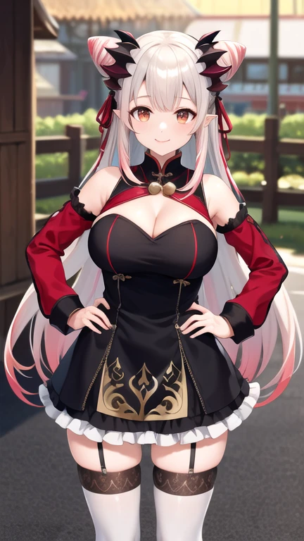 masterpiece, best quality, highres, aapatra, long hair, multicolored hair, horns, cone hair bun, hair ribbon, pointy ears, large breasts, bell, bare shoulders, cleavage cutout, frills, black dress, detached sleeves, red sleeves, long sleeves, white thighhighs, standing, outdoors, hand on hip, smile, cowboy shot,