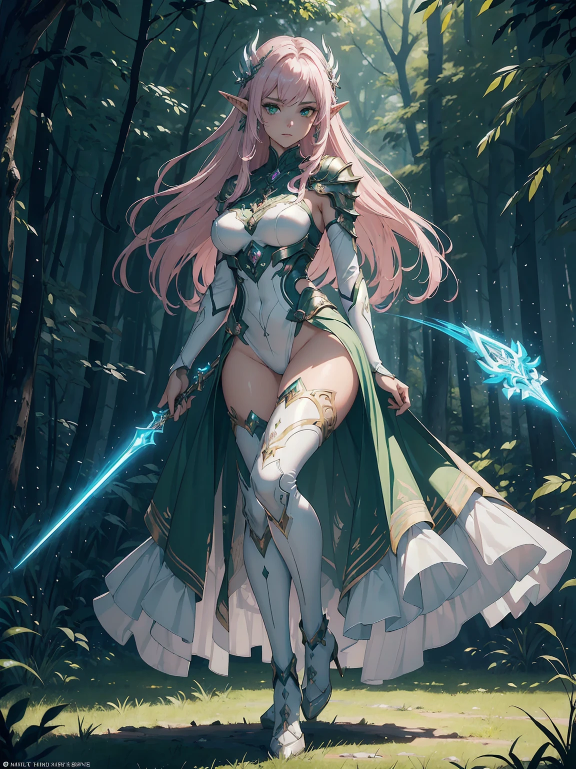 (((Masterpiece, best quality, high detailed, 8k))) Design a layout showcase Gaming character, (1girl). Light pink hair, green eyes, wearing a futuristic armor, wielding an empowering spear. (masterpiece:1.2), (best quality), ultra-detailed. (Step by step design, layout art:1.5), (luminous lighting, atmospheric lighting). Majestic elf in a magnificent forest with beautiful lighting. ((glove full hands)), intricate vambraces, high-tech legwear, (((full_body_shot:1.4))). The elf stands gracefully amidst ancient, towering trees, their leaves shimmering with a magical glow. The futuristic armor, a blend of sleek metal and glowing energy lines, contrasts beautifully with the natural surroundings. Her light pink hair flows softly around her, framing her elegant face with piercing green eyes that radiate wisdom and strength. The empowering spear she holds is adorned with mystical runes and a radiant crystal at its tip, pulsing with an ethereal light. She exudes an aura of power and serenity, perfectly harmonized with the enchanting beauty of the forest around her. Art style inspired by Artgerm, Kawacy, and Wadim Kashin.