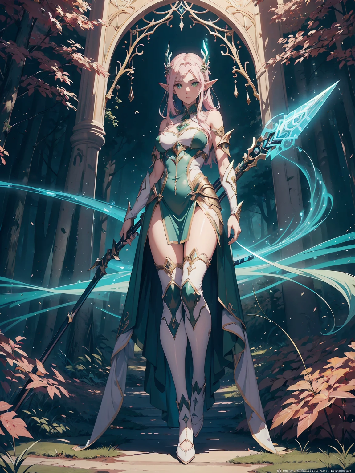 (((Masterpiece, best quality, high detailed, 8k))) Design a layout showcase Gaming character, (1girl). Light pink hair, green eyes, wearing a futuristic armor, wielding an empowering spear. (masterpiece:1.2), (best quality), ultra-detailed. (Step by step design, layout art:1.5), (luminous lighting, atmospheric lighting). Majestic elf in a magnificent forest with beautiful lighting. ((glove full hands)), intricate vambraces, high-tech legwear, (((full_body_shot:1.4))). The elf stands gracefully amidst ancient, towering trees, their leaves shimmering with a magical glow. The futuristic armor, a blend of sleek metal and glowing energy lines, contrasts beautifully with the natural surroundings. Her light pink hair flows softly around her, framing her elegant face with piercing green eyes that radiate wisdom and strength. The empowering spear she holds is adorned with mystical runes and a radiant crystal at its tip, pulsing with an ethereal light. She exudes an aura of power and serenity, perfectly harmonized with the enchanting beauty of the forest around her. Art style inspired by Artgerm, Kawacy, and Wadim Kashin.