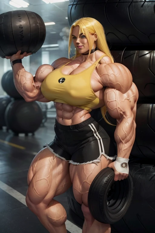 ((Close-up)), tall, (yellow hair) beautiful sweaty muscular woman, long flowing hair, light brown skinned, closed smile, (black lipstick), ((massive muscles)), (hyper muscle), (ginormous bulky muscles), gray eyes, (black sports bra), (black dolphin shorts), choker, sneakers, ((carrying a massive car tire in hand)), in a steamy weight room,