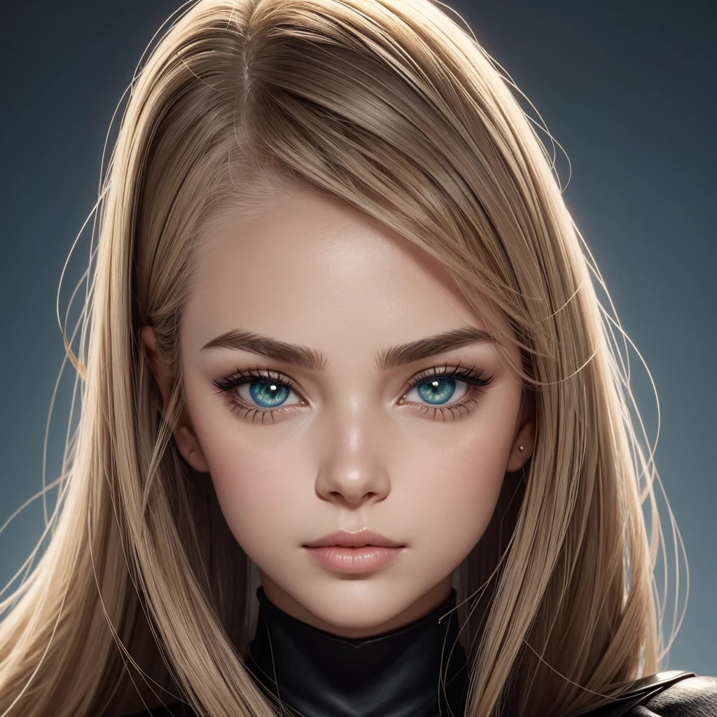 Her skin is a smooth, even tone, with no visible imperfections. The texture appears fine and matte. She has long, golden blonde hair with a slight natural wave. Her eyes exhibit heterochromia central, with the center of each iris being a dark sky blue and the outer ring a bright emerald green. The pupils are black and perfectly round, surrounded by a thin, defined black ring. Her eyelashes are long, thick, and jet black.
Her eyebrows are dark blonde, slightly darker than her hair, and well-defined with a natural arch. Her nose is small and straight with a slight downward curve, and the nostrils are proportional. Her lips are naturally pale pink, full, and symmetrical, with a clearly defined cupid's bow on the upper lip and a thicker lower lip.
Her cheekbones are high and prominent, with a smooth transition without sharp angles. Her chin is small and rounded, proportionate to her small face. Her ears are small and well-set against her head, with medium-sized, rounded earlobes.
Her face is oval in shape, with balanced proportions. The forehead is slightly wider than the jawline, and the length of her face is greater than its width, with a soft, slightly rounded hairline. The cranial structure is dolichocephalic, meaning her head is longer than it is wide. The frontal bone is broad and slightly rounded, the parietal bones are slightly prominent with smooth contours, and the occipital bone is rounded and proportionate to the rest of her head.
The distance between her eyes is proportional to their length, slightly more than one eye-width apart. Her forehead height is moderate, with a softly rounded hairline. The length of her nose is proportional to the distance from the base of her nose to her chin, and the width of her mouth aligns with the distance between her pupils.