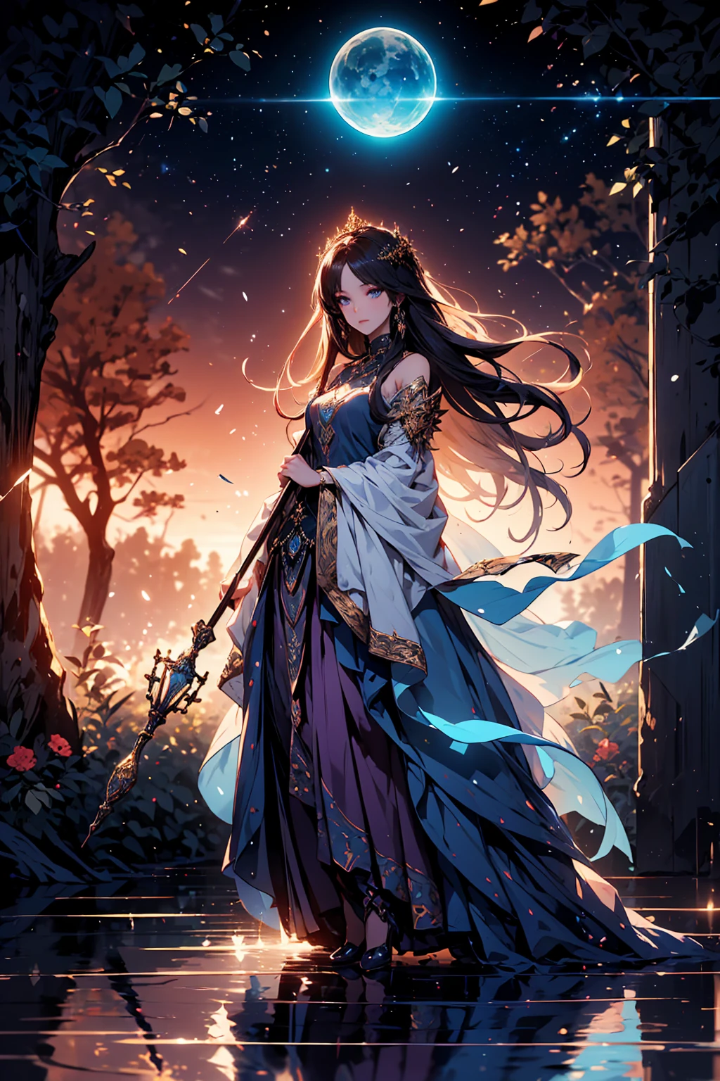 (((masterpiece, highest quality, 8k)))A stunning artwork of a majestic female character standing in an enchanting, mystical landscape. The full-body view showcases her in stylish and unique clothes of gold and purple, exuding an aura of elegance and power. Her long, flowing golden hair frames a face of regal beauty,((perfect face)) highlighted by light blue eyes that radiate wisdom and an otherworldly charm. She holds a magic staff, intricately designed and glowing with mystical energy, adding to her majestic presence. The scenery around her is a fantastical forest bathed in twilight, with towering ancient trees and luminescent flora. A serene river flows nearby, reflecting the soft glow of a setting sun. Fireflies and ethereal lights float in the air, enhancing the magical atmosphere of this tranquil setting.