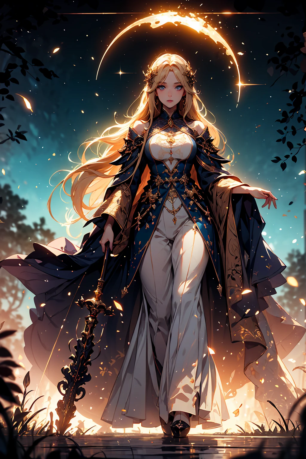 (((masterpiece, highest quality, 8k)))A stunning artwork of a majestic female character standing in an enchanting, mystical landscape. The full-body view showcases her in stylish and unique clothes of gold and purple, exuding an aura of elegance and power. Her long, flowing golden hair frames a face of regal beauty,((perfect face)) highlighted by light blue eyes that radiate wisdom and an otherworldly charm. She holds a magic staff, intricately designed and glowing with mystical energy, adding to her majestic presence. The scenery around her is a fantastical forest bathed in twilight, with towering ancient trees and luminescent flora. A serene river flows nearby, reflecting the soft glow of a setting sun. Fireflies and ethereal lights float in the air, enhancing the magical atmosphere of this tranquil setting.