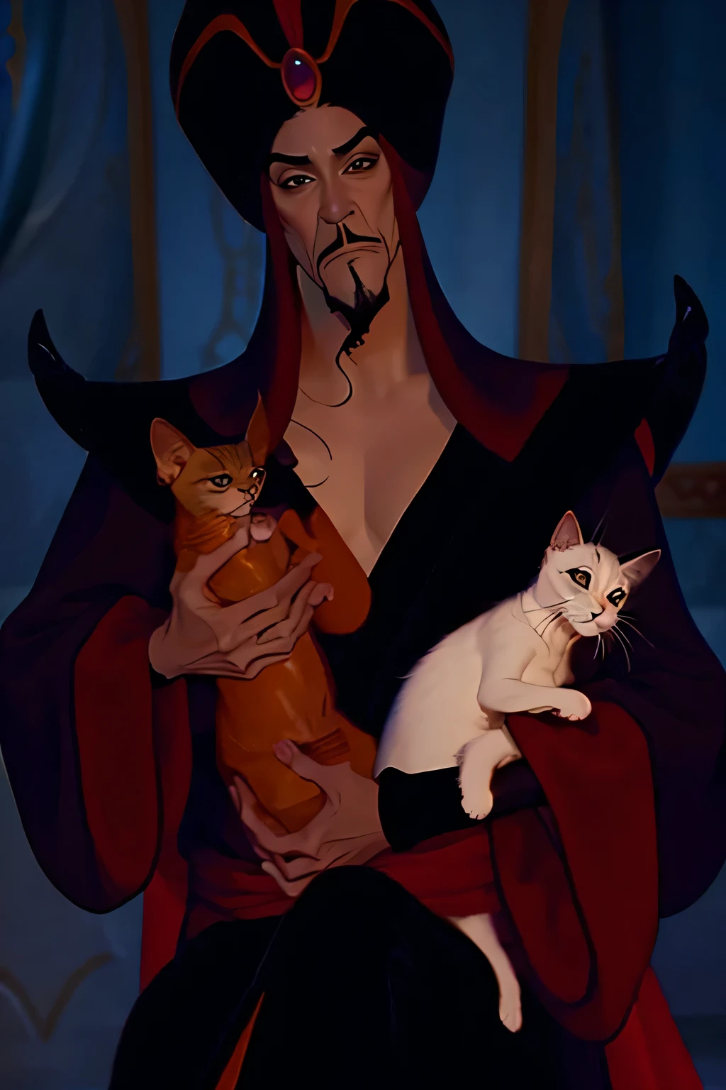 A Jafar from Disney, evil sorcerer, holding a kitten, dramatic lighting, dark colors, muted tones, deep shadows, highly detailed, cinematic composition, photorealistic, 8k