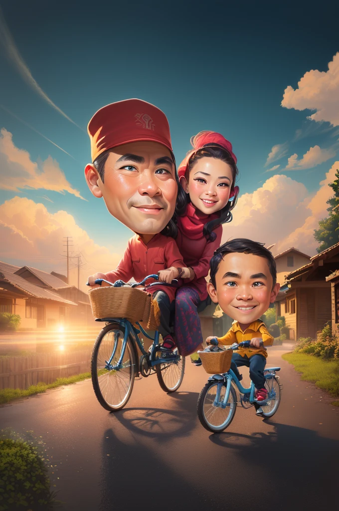 cartoon caricature of a couple riding a bicycle with a , caricature illustration, caricature style, an indonesian family portrait, potrait, caricature, cartoon digital painting, cartoon portrait, by Abidin Dino, cartoon artstyle, cartoon digital art, in cartoon style, digital art cartoon, caricature!!!, cartoon art, realism artstyle, classic portrait, cartoon style illustration