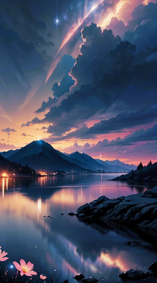 There's a beautiful sunset, The hillside is covered with flowers and plants, flowers close, Colorful sky, Surreal colors, Colorful sunsets, Colorful sky, A wonderful reflection of the sky, Amazing sky, fantastic 8K atmosphere, Multicolored clouds, color reflection on the lake, Surreal sky, red and blue reflection, Reflection of fire, beautiful sky, Beautiful and breathtaking twilight, Beautiful dream landscape, Amazing skyHD lighting and dark )<=(Epic image quality)dark atmosphere with bright light particles(Lots of effects in the background)