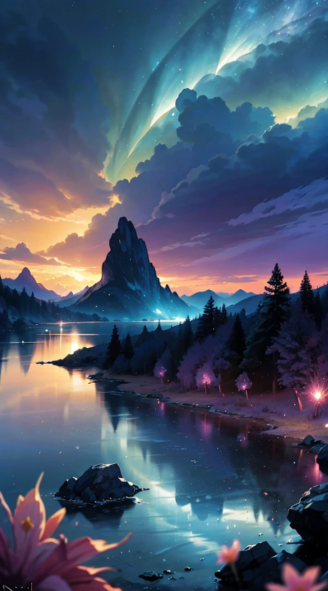 There's a beautiful sunset, The hillside is covered with flowers and plants, flowers close, Colorful sky, Surreal colors, Colorful sunsets, Colorful sky, A wonderful reflection of the sky, Amazing sky, fantastic 8K atmosphere, Multicolored clouds, color reflection on the lake, Surreal sky, red and blue reflection, Reflection of fire, beautiful sky, Beautiful and breathtaking twilight, Beautiful dream landscape, Amazing skyHD lighting and dark )<=(Epic image quality)dark atmosphere with bright light particles(Lots of effects in the background)