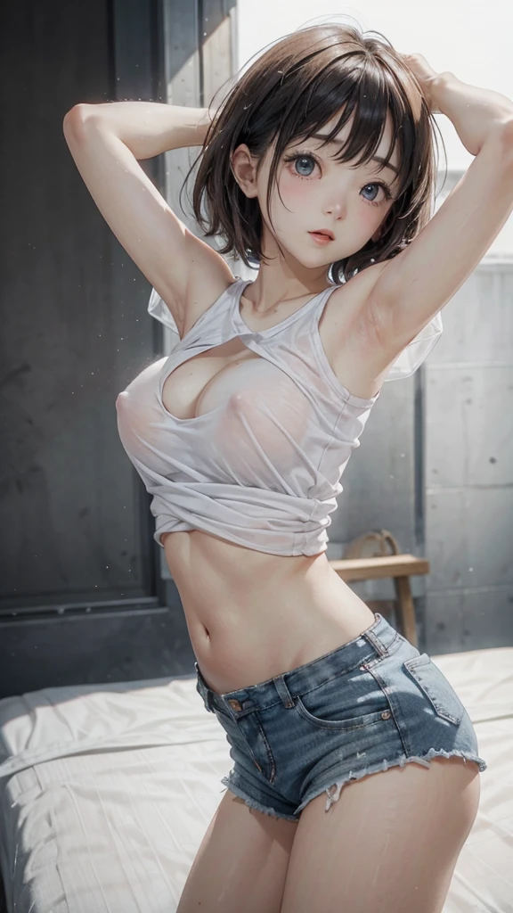 Cute girl . so cute , Round Face . Solitary , Slim ,  Short stature . Glowing skin . Pure white tube top T-shirt . shorts . Dynamic poses . Dynamic Angle . No background , White background , Looking at the audience修长性感的双腿， Put your hands behind your head((Clear nipples))、Rocket , (Large Breasts),（because I&#39;Thin） , 身材Short stature . Smooth skin . Plain white T-shirt . shorts . Dynamic poses . Dynamic Angle . No background , White background , Looking at the audience

