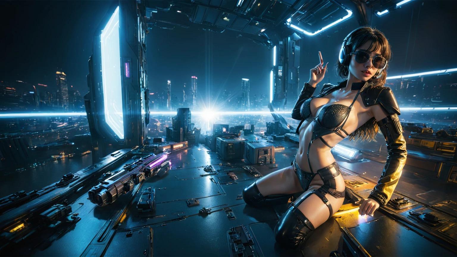 (((aerial view))), Blade Runner style futuristic space station platform, neon lights, rainy night. (1girl, solo, alone), large-breast:1.2 slim body, cleavage:1.1, sexy laced lingerie with wet jacket, (black sunglasses), (((she raised a pistol:1.8 and shot the viewer))), dynamic pose, (((half-body thigh level medium shot))), cinematic lighting, lens flare, ray tracing.