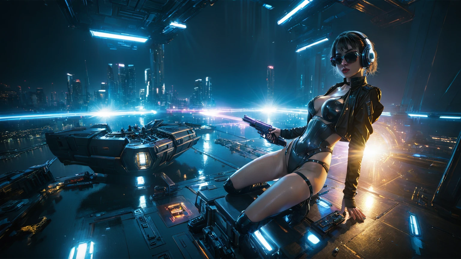 (((aerial view))), Blade Runner style futuristic cyberpunk 2077 flying vehicle docking platform, neon lights, at night. ((1girl, solo, alone)), large-breast:1.2 slim body, cleavage:1.1, sexy lingerie with wet jacket, headphone, (black sunglasses), (((she raised a pistol:1.8 and shot:1.8 the viewer))), dynamic pose, (((half-body thigh level medium shot))), cinematic lighting, lens flare, ray tracing, fisheye lens.