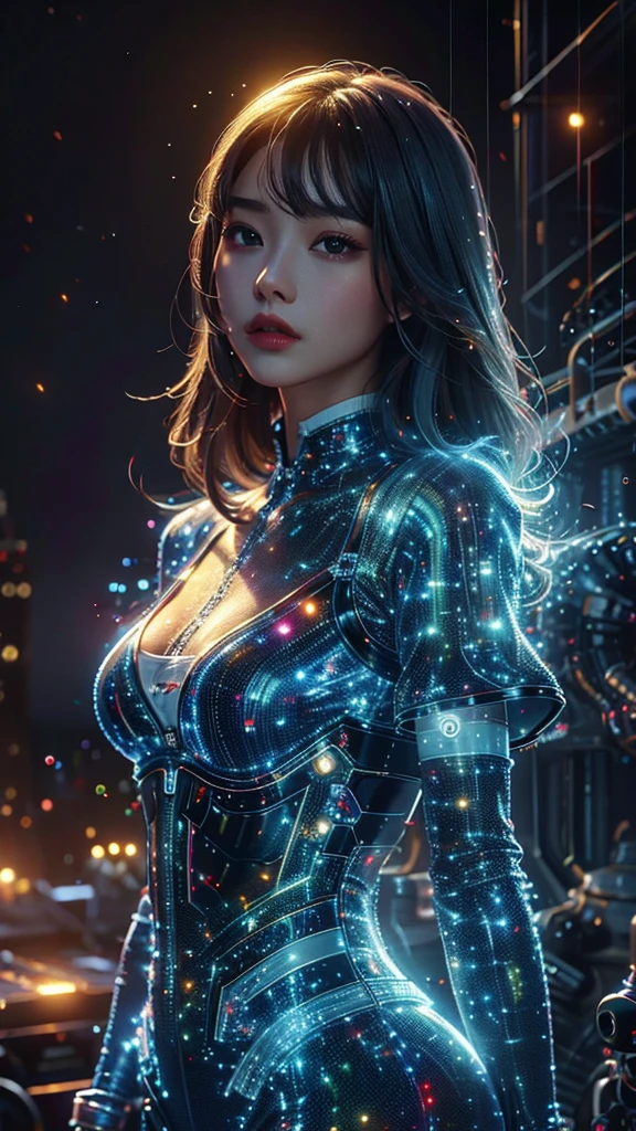 Ultra-Realistic Capture,18k,RAW Photos,Highest quality,masterpiece,reality,Very detailed,live-action,Very beautiful woman,Detailed face,Glowing Skin,Rainbow,Automata,cyber punk,18-year-old ,Model body type,slim,So many LEDs,Clothes made of light particles,Machine Body,Electronic devices embedded in the body,transparent,Very detailedな電子機器,Connection line,Rainbow colors,非常に長いneonカラーの髪,whole body,Large Breasts,Acrobatic poses,Raise the middle finger,neon,Long limbs,flip the bird,