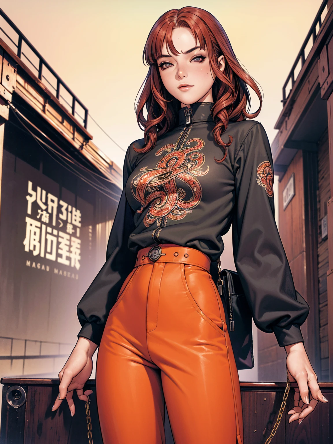 (best qualityer))), (((manga strokes))), (((red curly hair with bangs))), (((baggy pants with black spots))), (((paisley pattern))), (((Rusc GFX_dark))), uma Kizi jovem muito bem vestida com roupas modernas de inverno, pants with paint splatters, top gift vertical stripes, short jacket with dark fur collar, beautiful and expressive face, slightly-smile, big eyes with long black eyelashes, heavy make-up, chains and zippers spread across clothes, contrasting colours, pose de atitude, hair with a modern and futuristic cut, urban game poster art, dramatic camera angles, graffiti art elements in the background, design mixing contemporary and retro by Shepard Fairey, (((cowboy shot))), (((best qualityer: 1.4))), (Unbeatable masterpiece), (hiper HD),(CG 8k hyper-realistic), Kizi, (((standing alone))), pirralha violent, (((14歳))), sexly, pose de atitude, work of art, post-apocalypse, (((manga style))), bounty hunter, violent, Manic, the way you want, slenderbody, thin but strong, perfectbody, roupa moderna, advanced technology, neon, sleeves with vertical striped pattern, neutral background, (( cowboy shot )). intricate visual