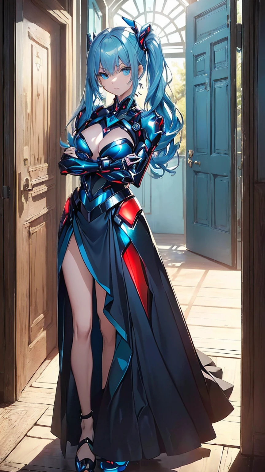 ((Full body photo,standing, feet on the ground)) top-quality、Top image quality、​masterpiece、Android Girl((,My whole body is full of wounds、Broken cybersuit glowing black, red and white、Blue energy source for the chest,Best Bust、Bust 90、Light blue shiny hair、Longhaire,Cyber Skirt、Blue-green eyes、open chest wide、Valley、Happiness、A slender、Arms held back、Walk towards the door)）hiquality、Beautiful Art、Background with((The Great Mysterious Door、kosmoasutepiece、Elaborate design、visualart、Theatrical films