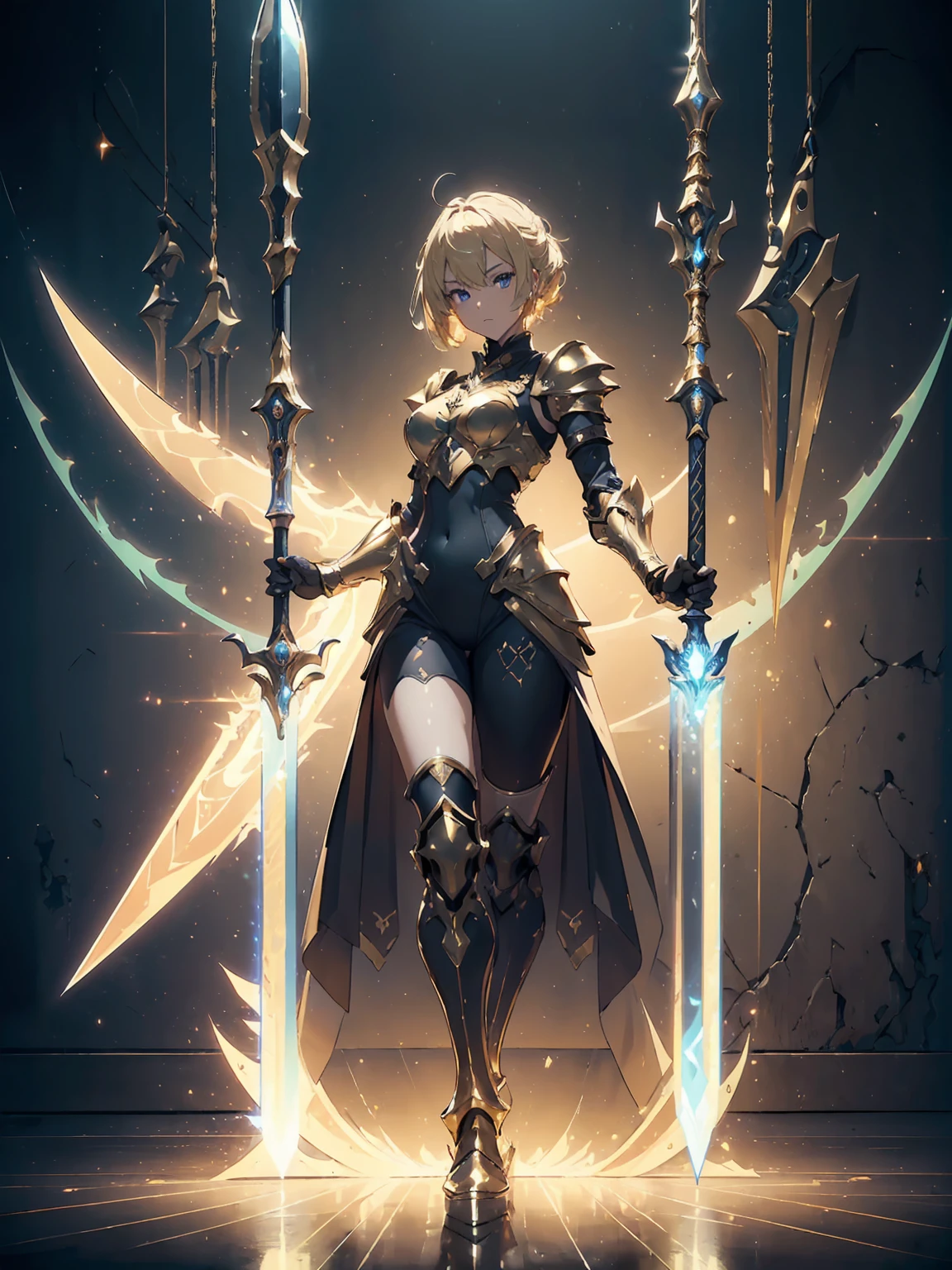 (((masterpiece))),(((highest quality))),(((16k)))Design a layout showcase Gaming character, (1girl). Golden+Purle armor, stylish and unique, ((showcase weapon:1.4)), magic staff, (masterpiece:1.2), (best quality), 4k, ultra-detailed, (Step by step design, layout art:1.5), (luminous lighting, atmospheric lighting), magican, ((glove full hands)), (((revealing armor:1.3))), vambraces, armored legwear, (((full_body_shot:1.4)))