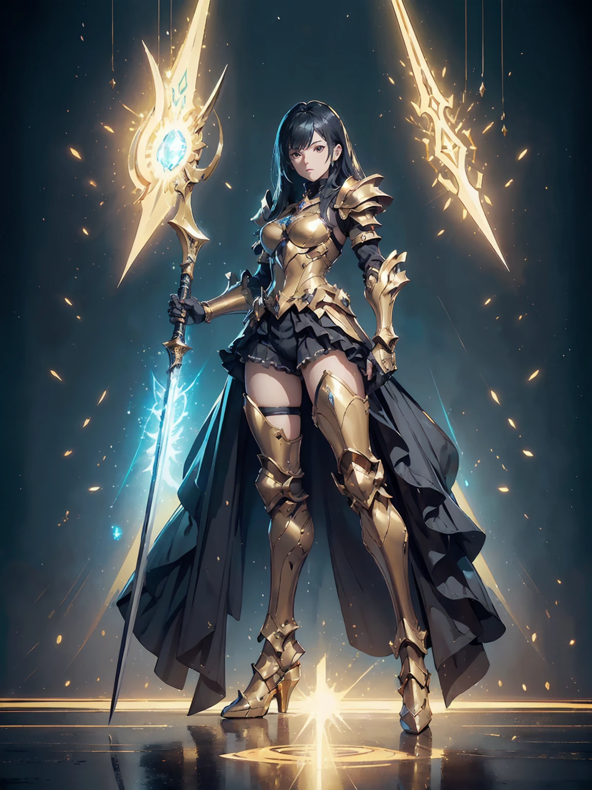 (((masterpiece))),(((highest quality))),(((16k)))Design a layout showcase Gaming character, (1girl). Golden+Purle armor, stylish and unique, ((showcase weapon:1.4)), magic staff, (masterpiece:1.2), (best quality), 4k, ultra-detailed, (Step by step design, layout art:1.5), (luminous lighting, atmospheric lighting), magican, ((glove full hands)), (((revealing armor:1.3))), vambraces, armored legwear, (((full_body_shot:1.4)))