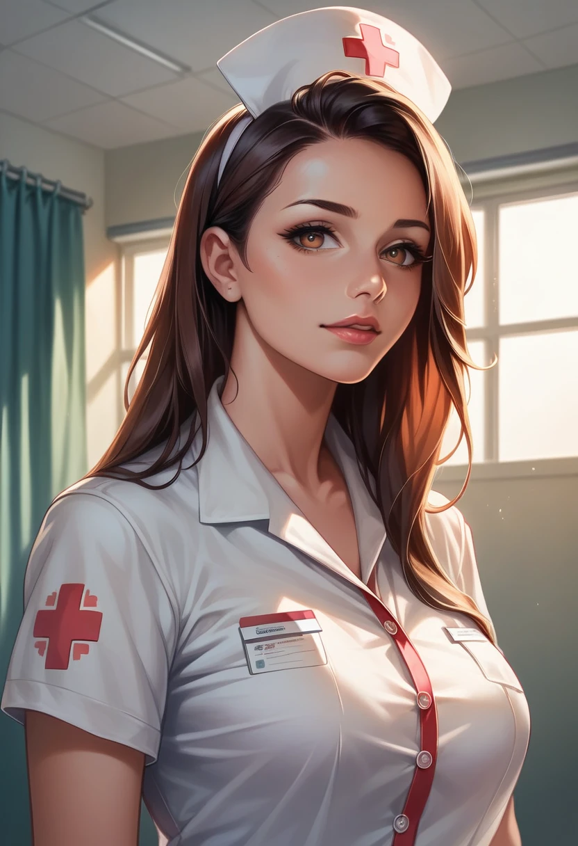 cuerpo entero, plano general de la escena:1.5, realistic anime style nurse, beautiful woman with long brown hair, caring for a sick patient, extremely detailed face and eyes, detailed clothing, hospital setting, warm lighting, vibrant colors, cinematic composition, masterpiece, 8k, photo-realistic, hyper detailed