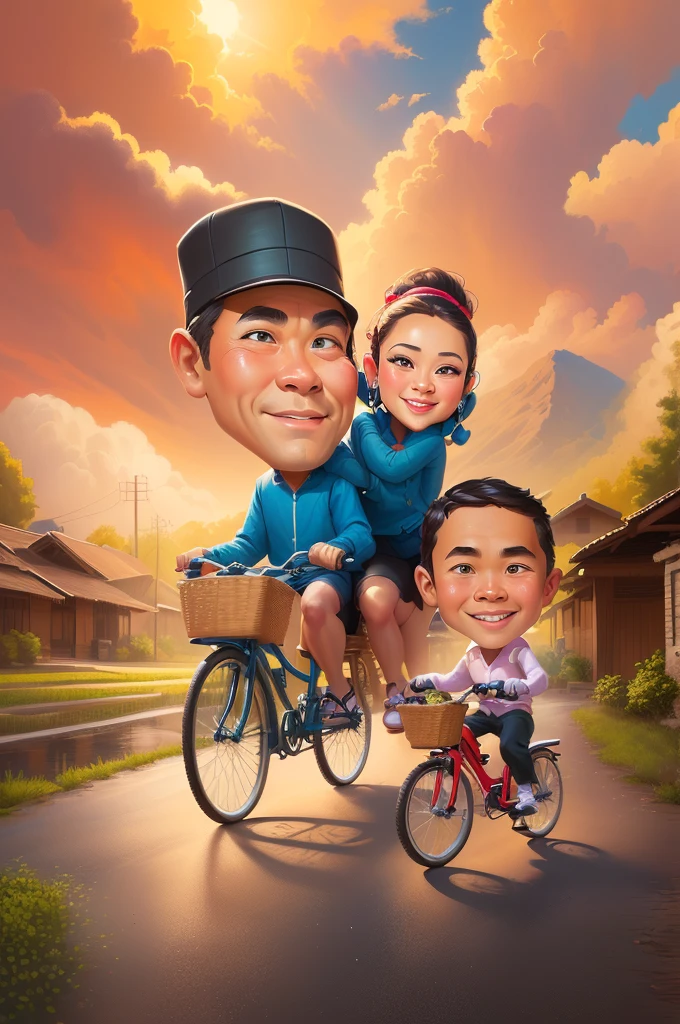 cartoon caricature of a couple riding a bicycle with a , caricature illustration, caricature style, an indonesian family portrait, potrait, caricature, cartoon digital painting, cartoon portrait, by Abidin Dino, cartoon artstyle, cartoon digital art, in cartoon style, digital art cartoon, caricature!!!, cartoon art, realism artstyle, classic portrait, cartoon style illustration