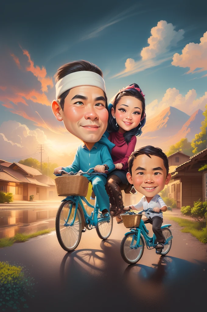 cartoon caricature of a couple riding a bicycle with a , caricature illustration, caricature style, an indonesian family portrait, potrait, caricature, cartoon digital painting, cartoon portrait, by Abidin Dino, cartoon artstyle, cartoon digital art, in cartoon style, digital art cartoon, caricature!!!, cartoon art, realism artstyle, classic portrait, cartoon style illustration