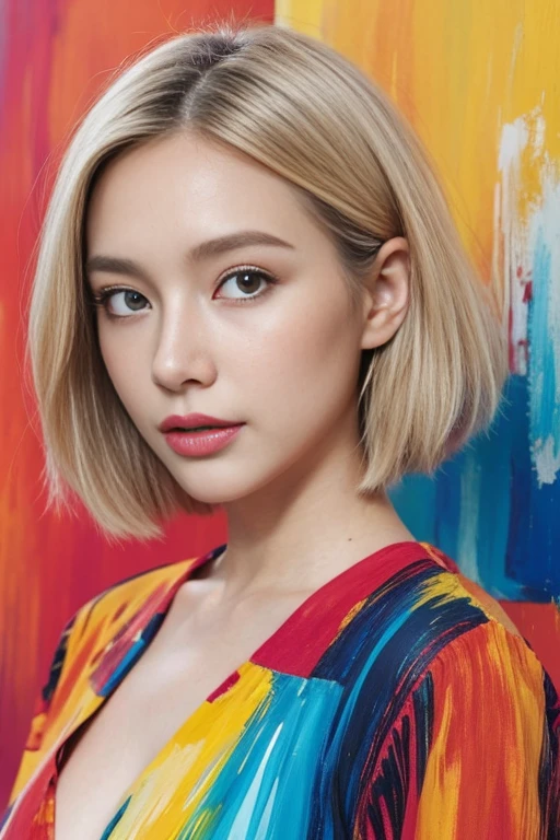 Abstract Expressionism Paintings Abstract Beauty, In the center, looking at the camera, Near perfect, Very detailed, Digital Painting, Mouth closed, A small face with a gentle smile, artステーション, Cute 18 year old girl, blonde beautiful hair, Colorful and stylish clothes that show off your cleavage, Random Pause, Fashion Model, コンセプトart, Smooth, Sharp focus, figure, art:Kahne Griffith and Vadim Kashin . Bold colors, Abstract shapes, Expressive, Emotional, 公式art,unity 8k wallpaper,Very detailed, beautiful, beautiful, masterpiece, Highest quality, (フラクタルart: 1. 3),One girl,Very detailed, Dynamic Angle, most beautiful forms of chaos, elegant, Brutalist Design, Vibrant colors,