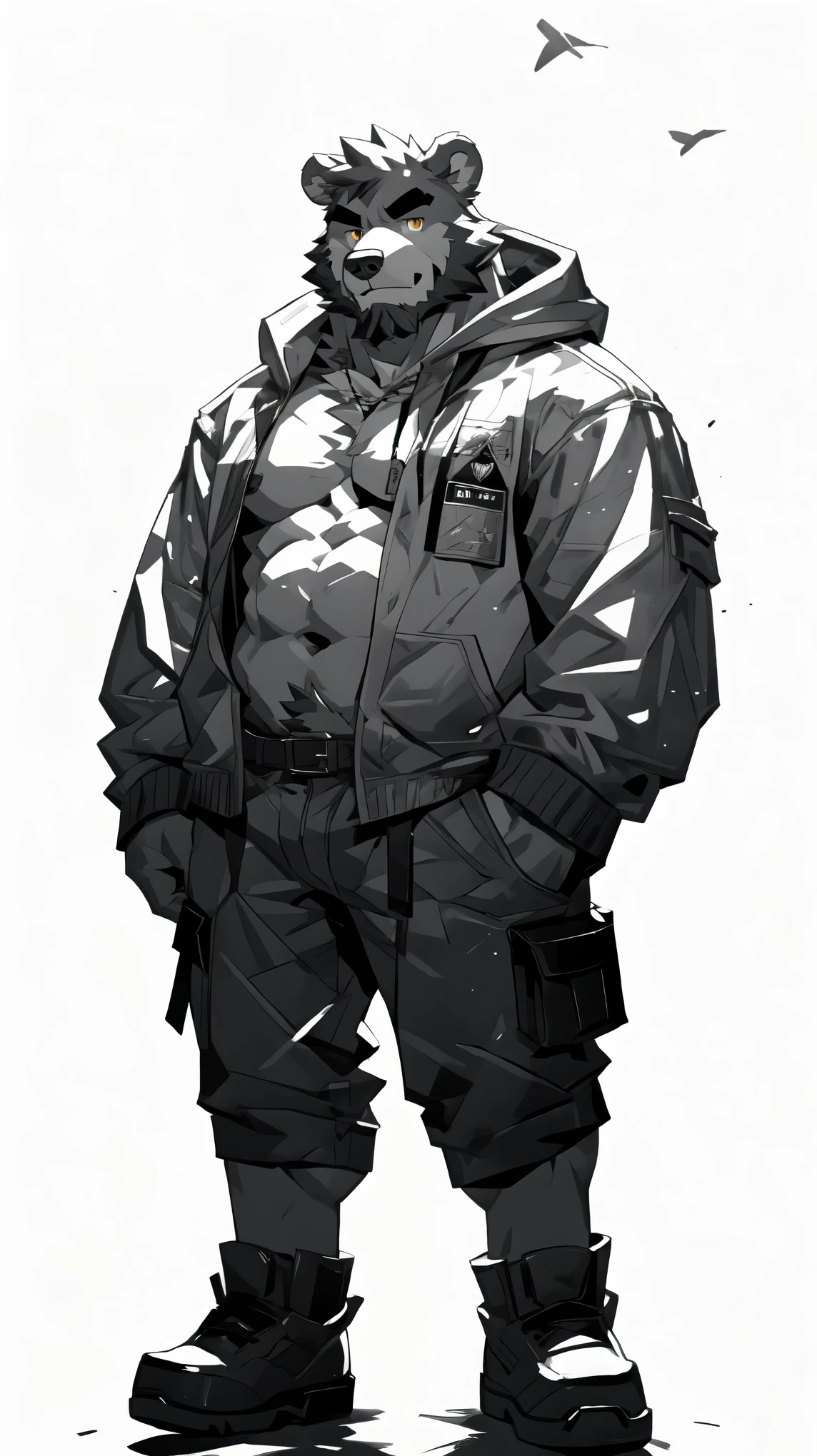(masterpiece:1.2), best quality,pixiv,official art,perfect anatomy, (Ray tracing, light),solo, (1_male:1.3) , (muscle), (grey fur:1.4), (muscle bear),(abdominal muscles),(beard:1.2), (gleaming golden eyes), bear tail, full body, Thick black eyebrows, (open short hoodie), (naked inside),cargo shorts, black short boots, (pure white background: 1.3), (monochrome:1.4),line art