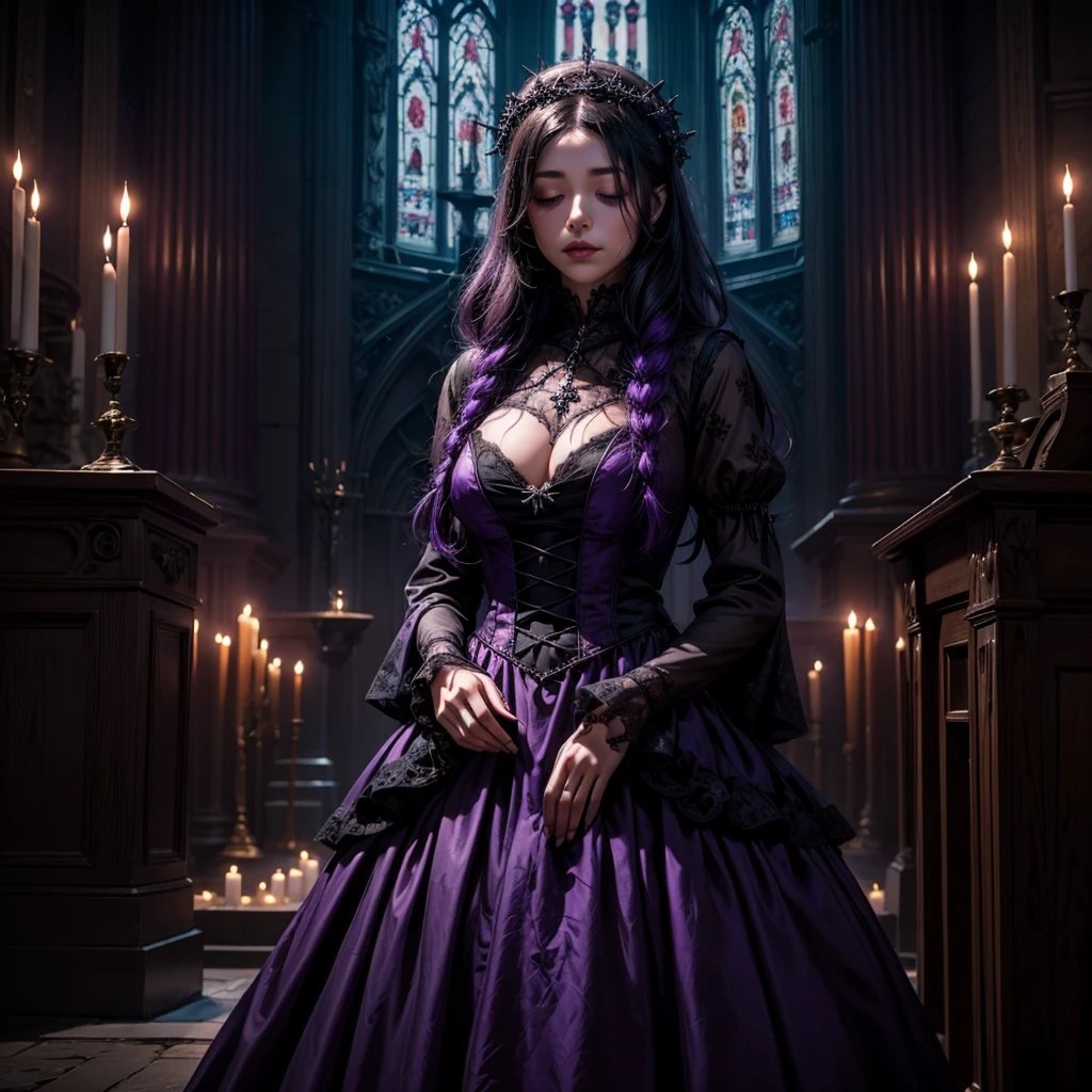 A completely dark female in purple dress with lips sewn shut with no eyes above a mysterious pagan Gothic altar