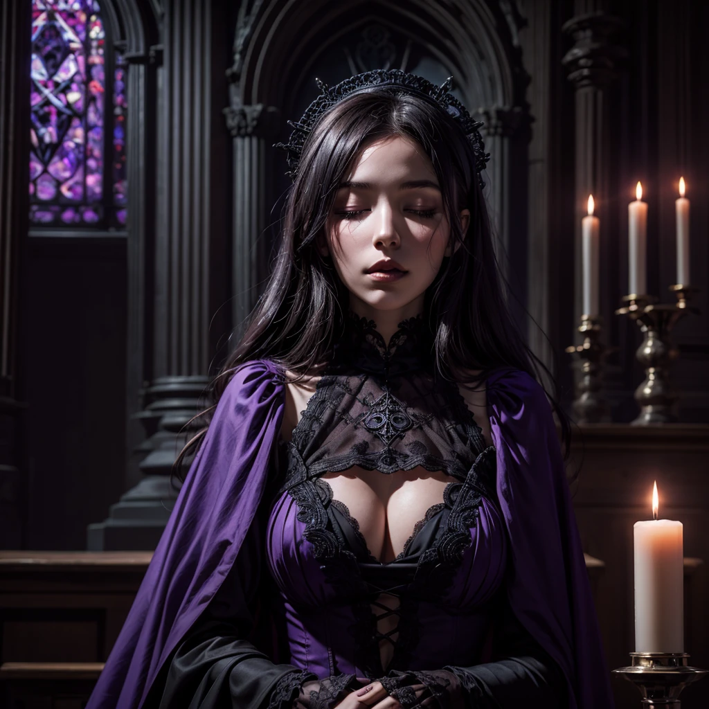 A completely dark female in purple dress with lips sewn shut with no eyes above a mysterious pagan Gothic altar