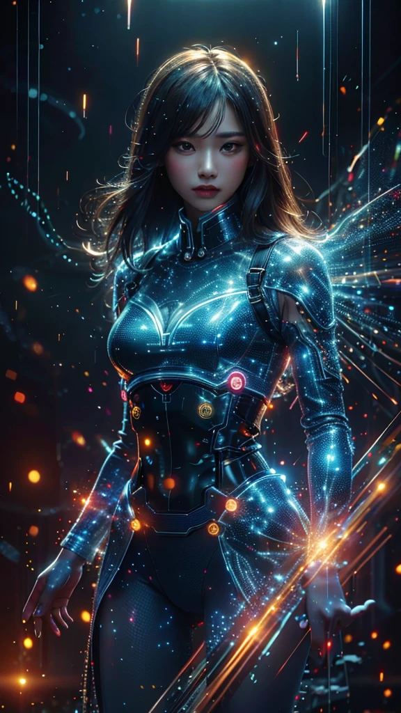 Ultra-Realistic Capture,18k,RAW Photos,Highest quality,masterpiece,reality,Very detailed,live-action,Very beautiful woman,Detailed face,Glowing Skin,Rainbow,Automata,cyber punk,18-year-old ,Model body type,slim,So many LEDs,Clothes made of light particles,Machine Body,Electronic devices embedded in the body,transparent,Very detailedな電子機器,Connection line,Rainbow colors,非常に長いneonカラーの髪,whole body,Large Breasts,Acrobatic poses,Raise the middle finger,neon,Long limbs,flip the bird,Stick out your tongue,