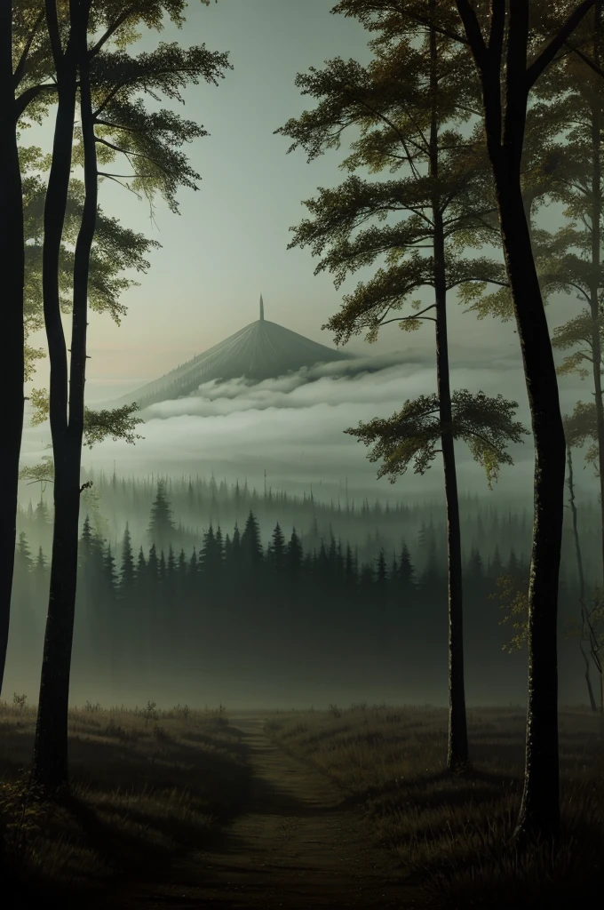 A painting showing the town in the distance, shrouded in shadows and mystery, while the forest lurks in silence.