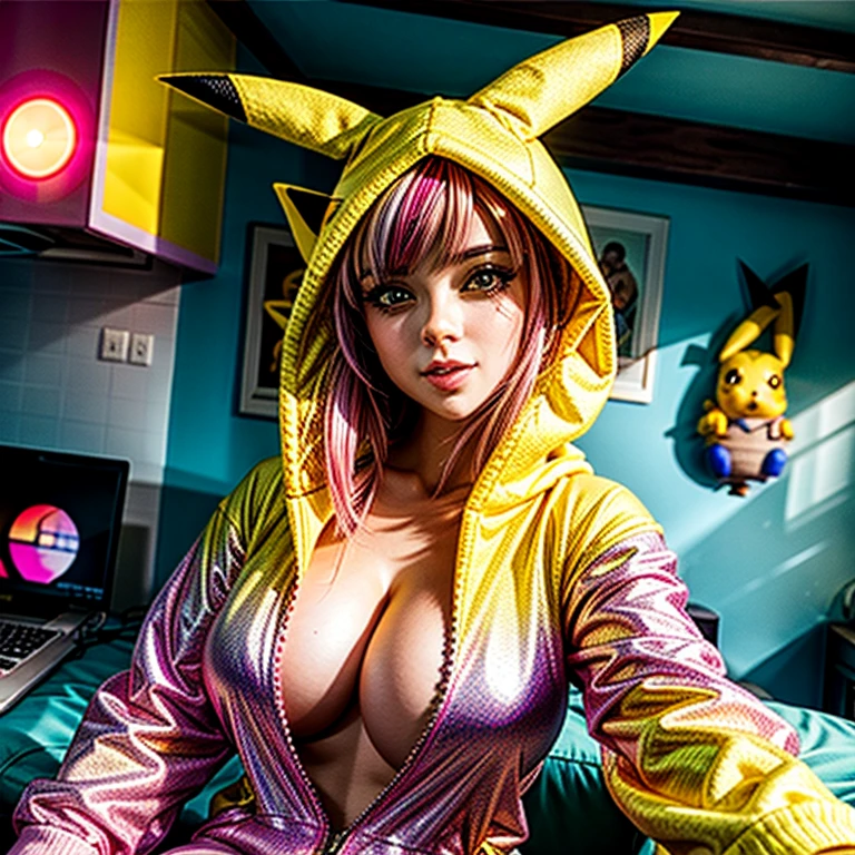 PUNIPUNI, a beautiful Pink hair gamer girl, beautiful detailed Blue eyes with (Sparkling Highlights:1.28), beautiful detailed lips,extremely detailed eyes and face,longeyelashes,in a (((Yellow Pikachu hoodie))) (Moe Sleeves:1.2), (Professional photo:1.37), Huge breasts (Overflowing Gigantic cleavage:1.28) close up down blouse, (perfect lighting) navel, Radiant PearlSkin with Transparency, Dynamic Joyful Expressions LifeLike Rendering, ((Lying Back from Directly Above:1.2)) bedroom