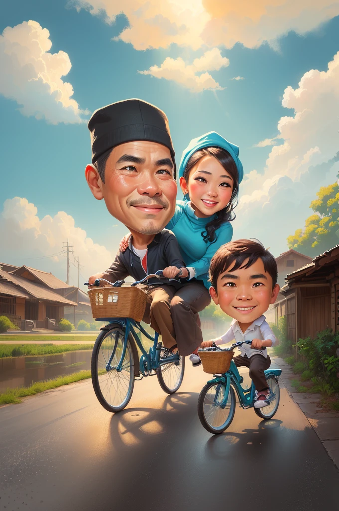 cartoon caricature of a couple riding a bicycle with a , caricature illustration, caricature style, an indonesian family portrait, potrait, caricature, cartoon digital painting, cartoon portrait, by Abidin Dino, cartoon artstyle, cartoon digital art, in cartoon style, digital art cartoon, caricature!!!, cartoon art, realism artstyle, classic portrait, cartoon style illustration