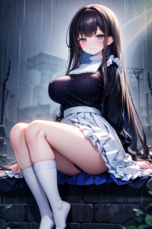 Maximum quality, masterpiece, high qualiy(Uma garota very beautiful, very beautiful) with dark hair, boobies, looking at me with a silly but delicate and kind smile, wearing a voluminous sweater with large sleeves next to a fluffy skirt wearing a , wearing big socks, outdoors and amidst the calm rain.