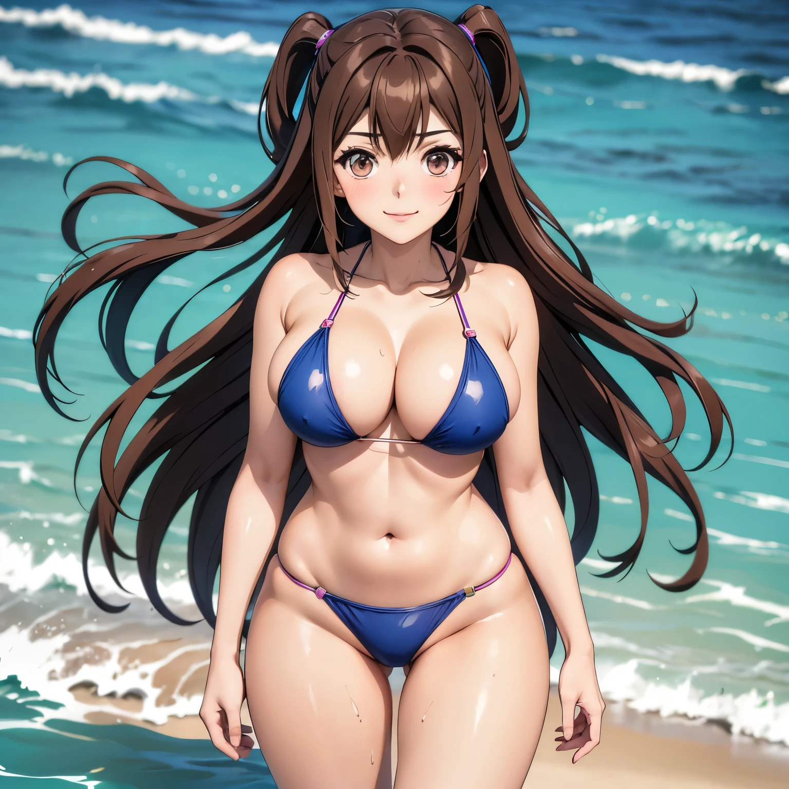Kizuna Kazayama, 25 year old woman, Madurese way. long brown hair, blush, Brown eyes, . happy smile , big smile, wet body, huge breasts, blue bikini, He is standing in front of the camera on a tropical beach., blush, flirtatious. drops of water on his chest.