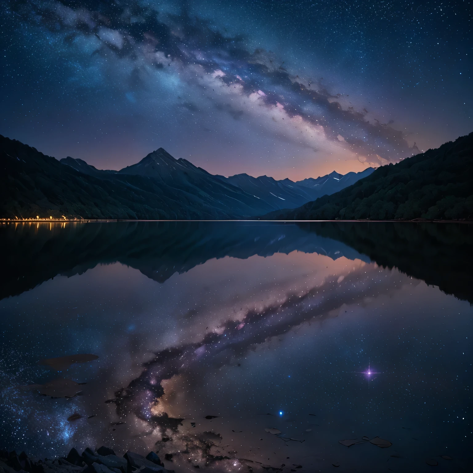 a landscape photo of a fantasy starry sky, vast night sky filled with countless stars, bright Milky Way galaxy, colorful nebulae, serene and peaceful atmosphere, soft moonlight illuminating the landscape, subtle light reflections on a calm lake, distant mountains silhouetted against the sky, dreamy and surreal, high detail, high resolution