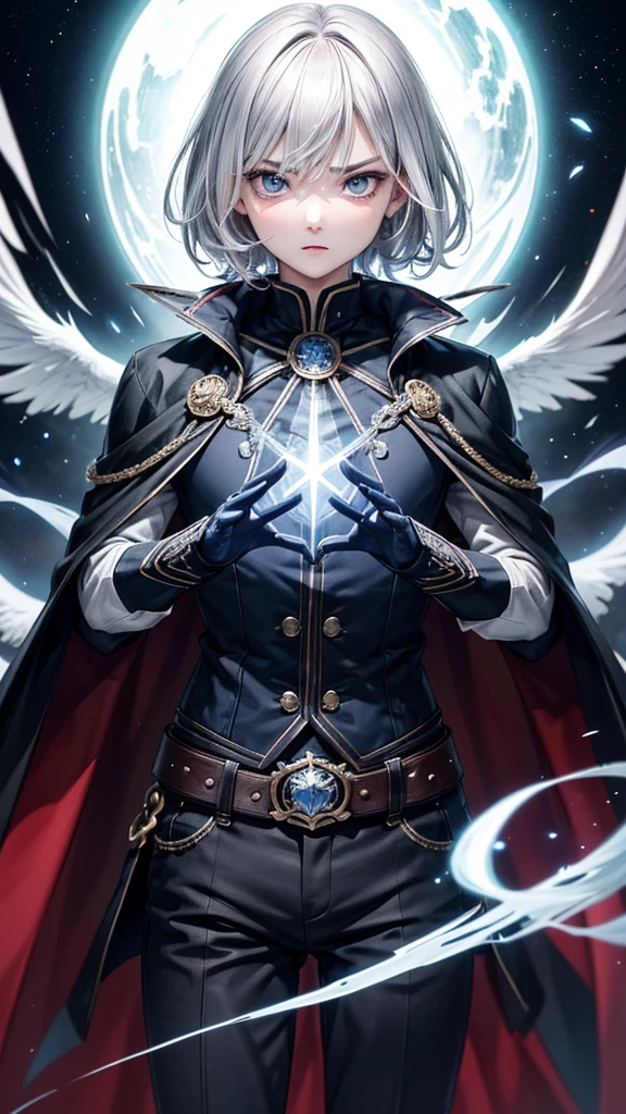 (Highest quality,Very detailed,High resolution:1.2),One adult male,Silver Hair,The most beautiful young man in human history,(1 photo from the front),Dark blue eyes (Dark blue eyes:1.1),さみし気なaura(aura:1.1),(mysterious,Ghostly:1.1) atmosphere,Looks like half a demon,(Demonic traits,Demonic traits),(Elaborate,wonderful) ,pants、Strong Body、Shortcuts、Use magic、auraが漂う、Cape、Stocky physique、Confident expression、Very short hair、The bangs are swept to the side、Permed hair、Sharp eyes、Angry expression、Emits a flash of light from the body、Are standing、Hair in the wind