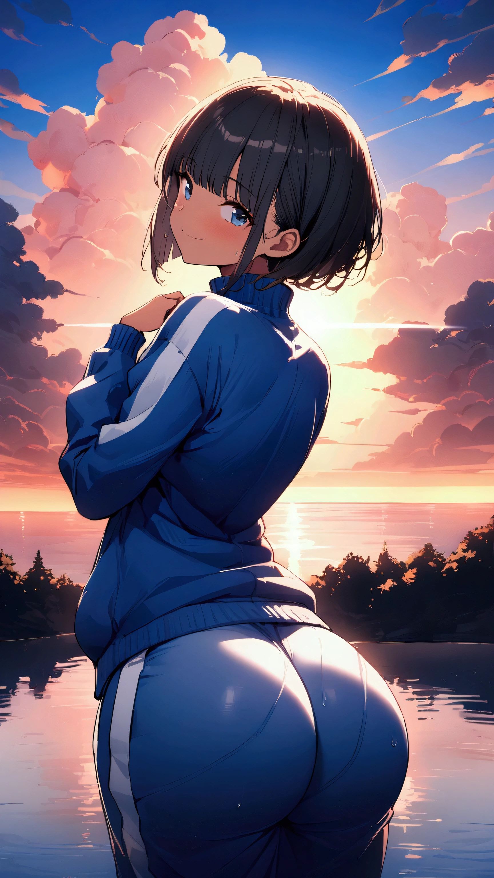 masterpiece, Highest quality, Ultra-high resolution, (beautiful girl: 1.3), (((Sharp bob)))、Black Hair、smile、Looks like a 15 year old、 (Blue sweatpants:1.5), (The jacket is a blue track jacket.: 1.2), back view、The sunset is dazzling as we enter the waterway.、Wet、Focus on a very big, round and beautifully shaped ass,smile、baggy clothes, (tanned skin:1.3),head tilt,