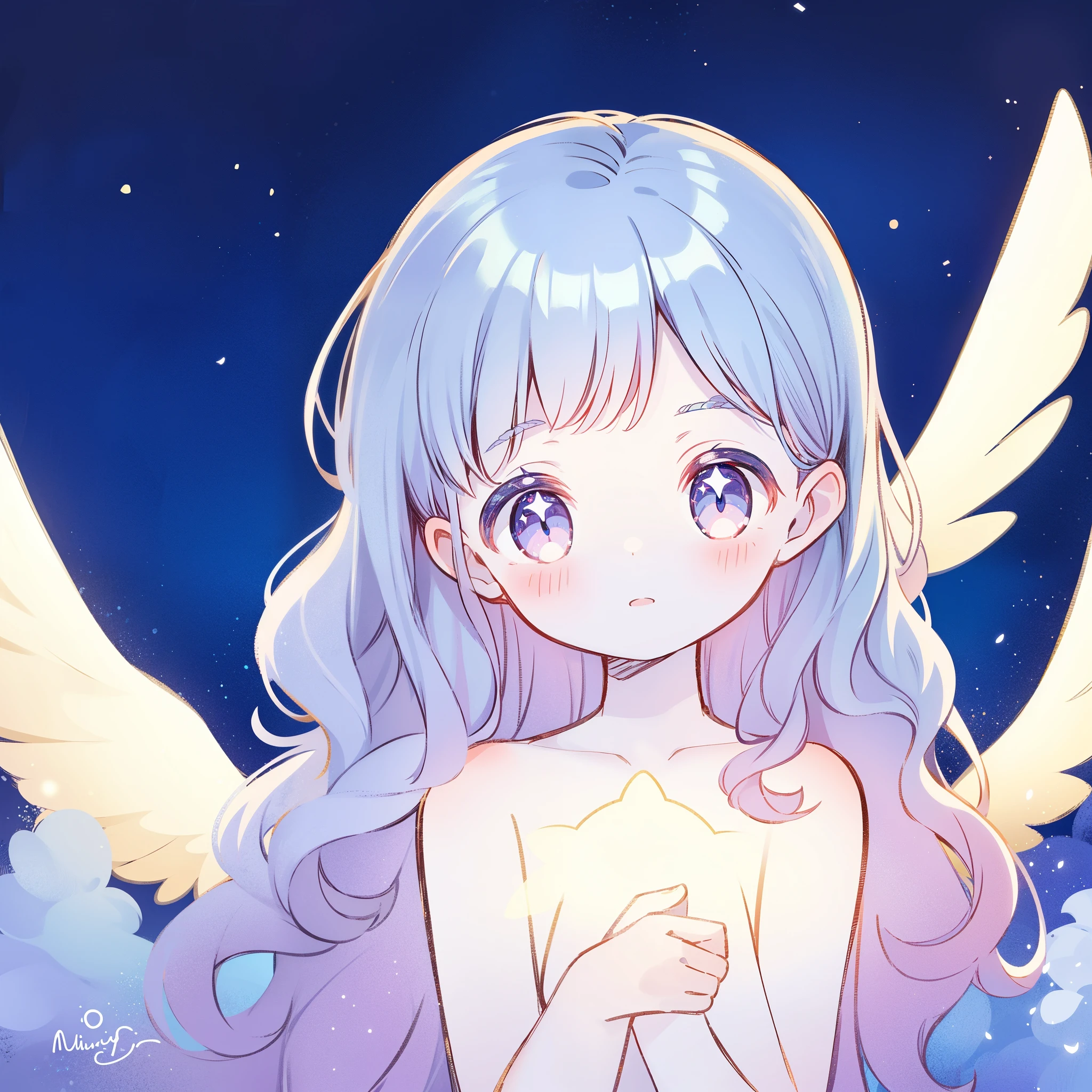 nude angel girl wearing an ethereal translucent dress, pale skin, ((wavy blue lilac hair)), white feathers, angel wings, sparkling detailed eyes, golden ratio face, perfect composition, highly detailed, ethereal, (starry night sky background), midjourney style